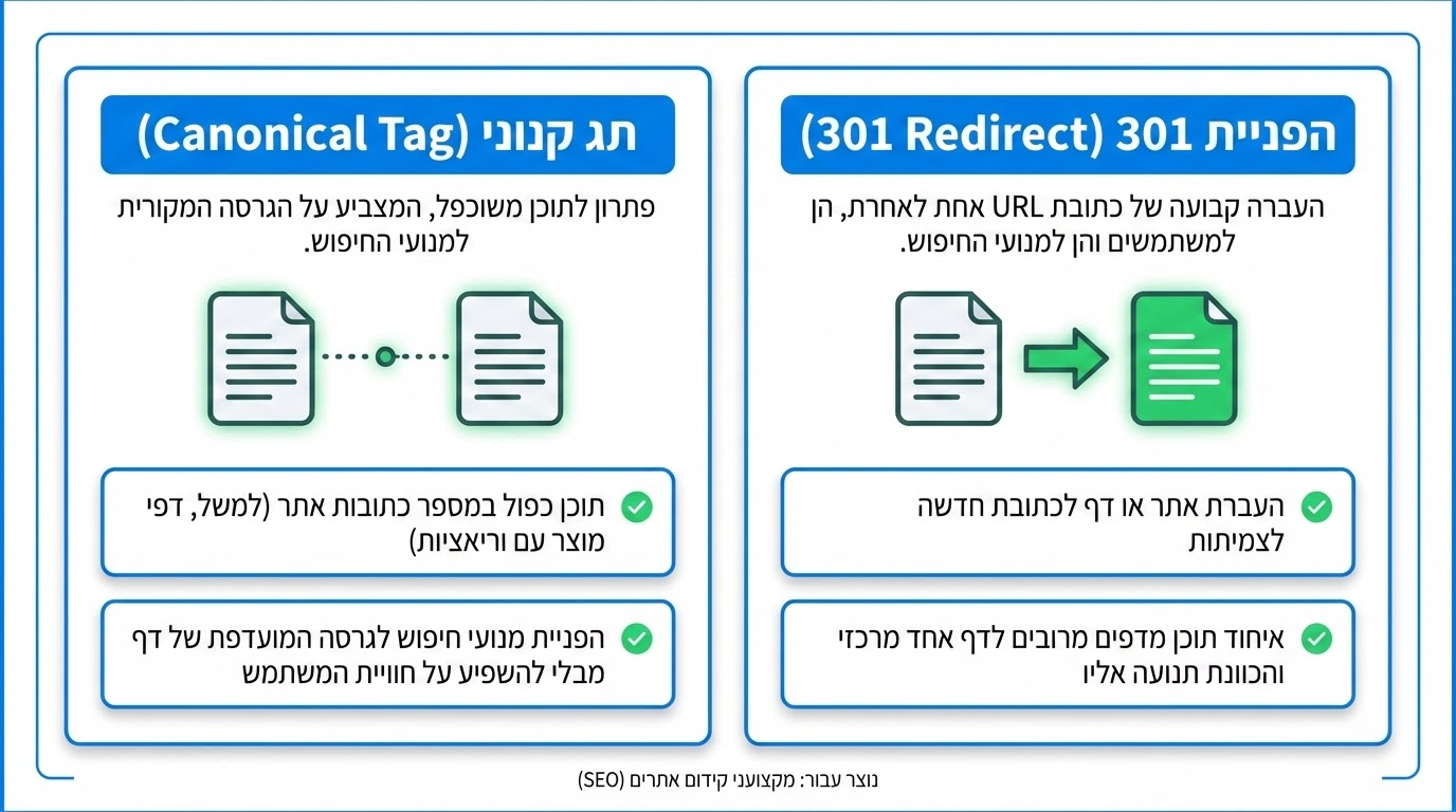 השוואה בין Canonical ל-301 Redirect ומתי להשתמש בכל אחד