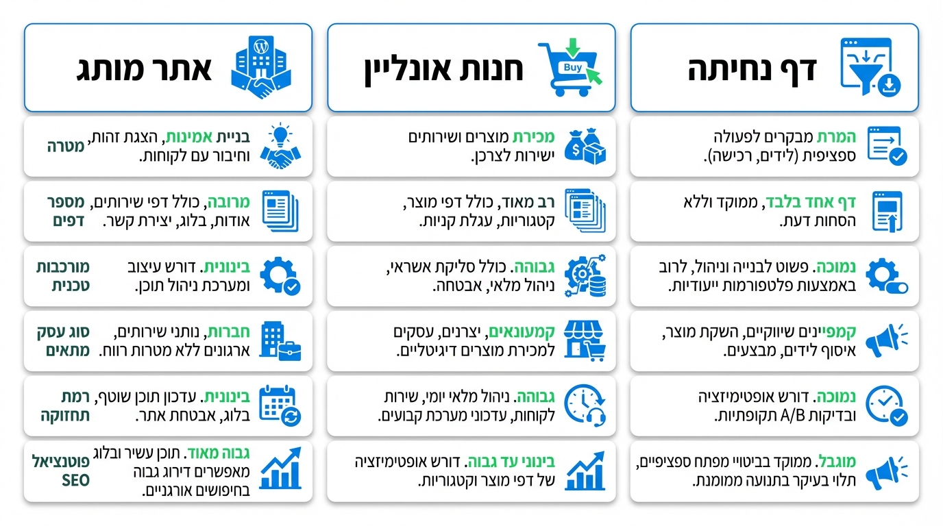 השוואה בין אתר תדמית חנות אונליין ודף נחיתה