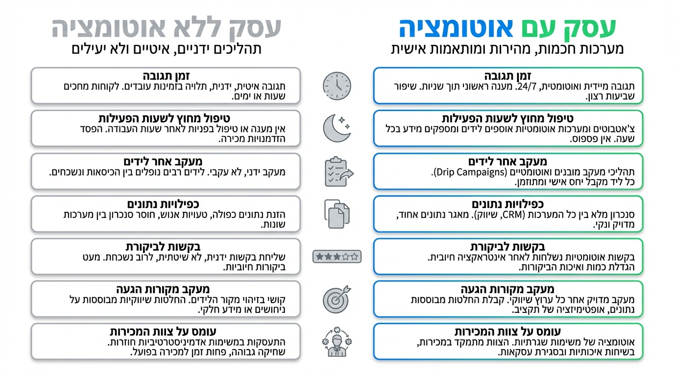 השוואה בין עסק עם אוטומציה שיווקית לעסק בלי - אינפוגרפיקה