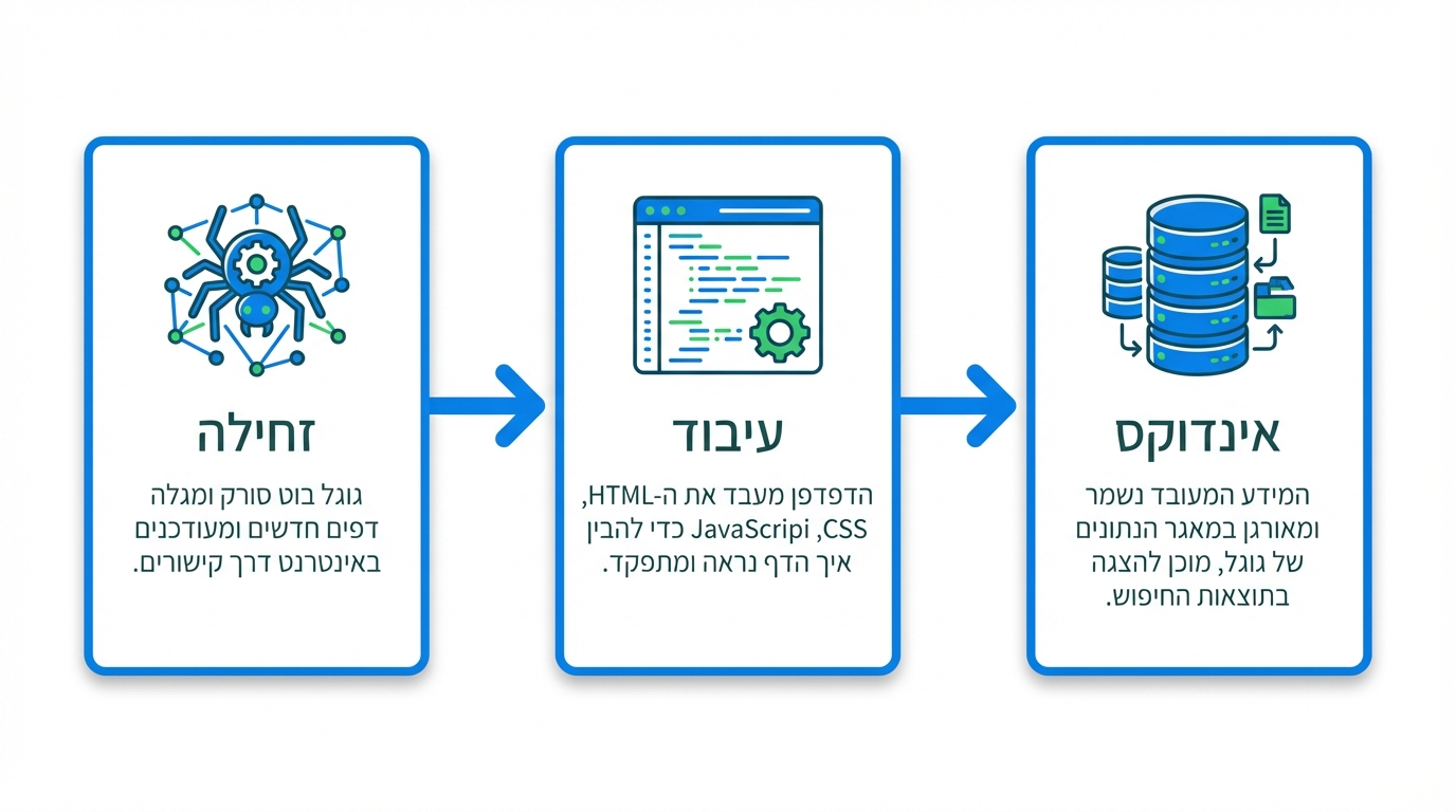 תרשים המתאר את תהליך הסריקה, הרינדור והאינדוקס של גוגל