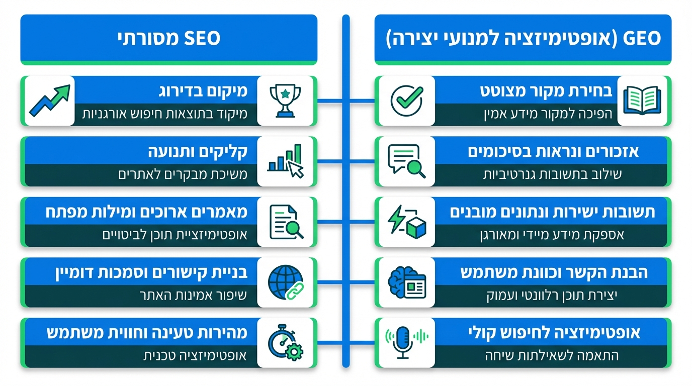 מהו GEO Generative Engine Optimization ואיך הוא שונה מ-SEO מסורתי