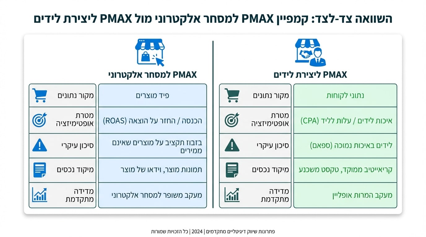 השוואה בין PMAX לאיקומרס ו-PMAX ללידים