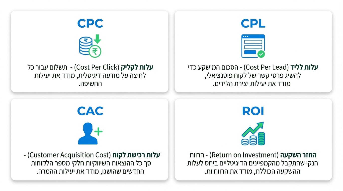 השוואת מדדי CPC CPL CAC ו-ROI בפרסום בגוגל