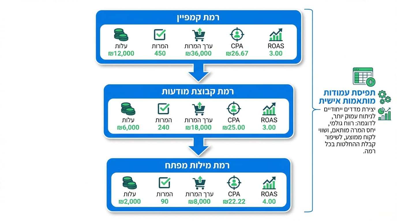 ניתוח ביצועים מלמעלה למטה קמפיין קבוצת מודעות מילת מפתח