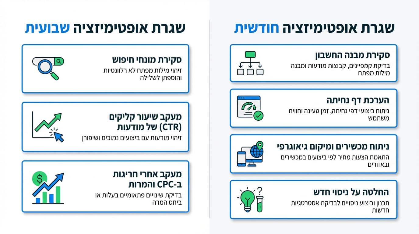 שגרת אופטימיזציה שבועית וחודשית לשיפור ביצועי קמפיין בגוגל