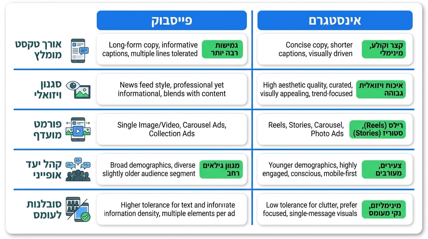 השוואה בין עיצוב מודעות לפייסבוק לעומת אינסטגרם